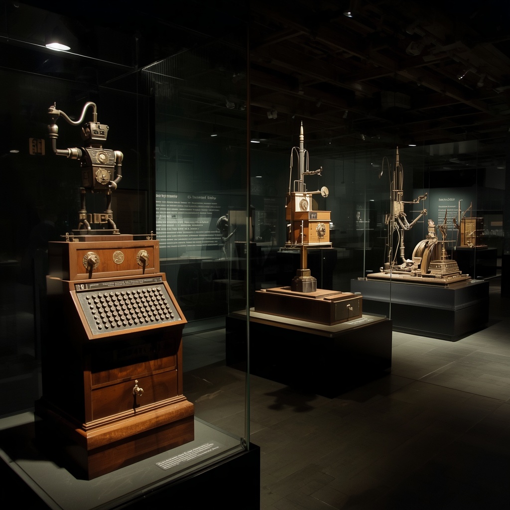Ancient mechanical automatons and early calculating machines displayed in a dimly lit museum exhibit showcasing the origins of artificial intelligence concepts through the ages