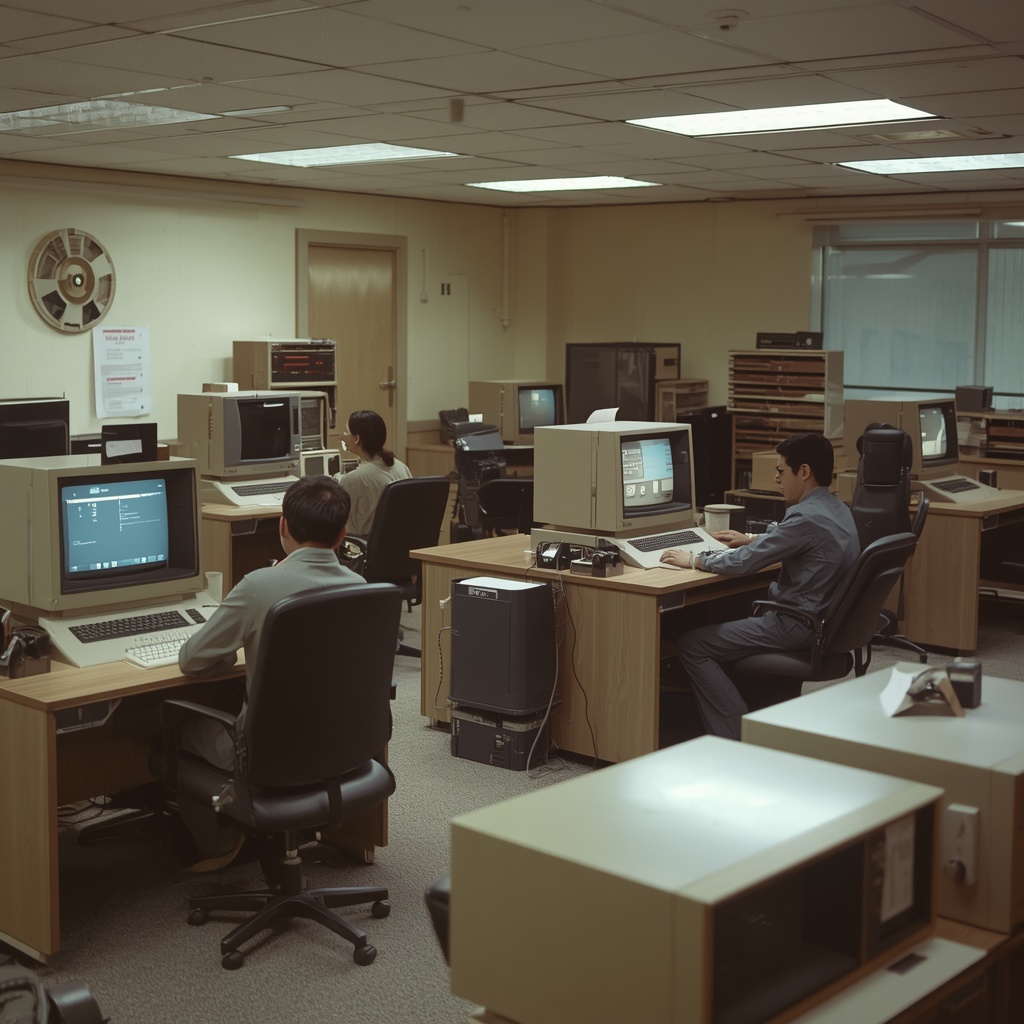 Vintage computer room with reel-to-reel tape machines and researchers studying early AI algorithms on monochrome terminals